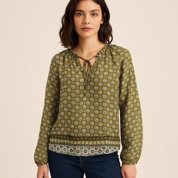Cupcakes & Cashmere Peasant Blouse – Olive Geometric Print – Size M - Picture 3 of 5